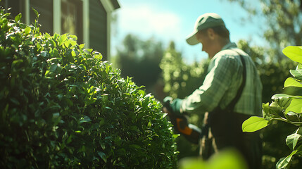 Gardener Trimming Hedge with Electric Trimmer