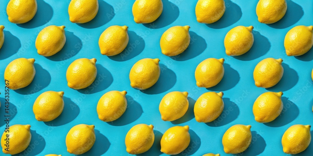Poster Vibrant Yellow Citrus Fruits Arranged in a Repetitive Pattern on a Bright Blue Background, Creating a Cheerful and Appealing Visual Display