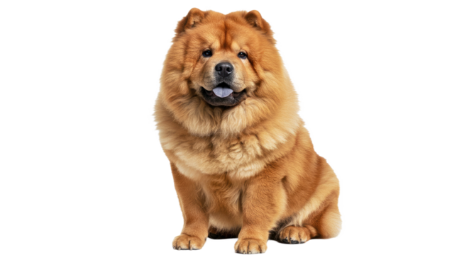 Majestic Chow Chow dog sits with a dignified expression, showcasing its impressive thick, fluffy coat. Regal Spitz-type breed isolated on white.