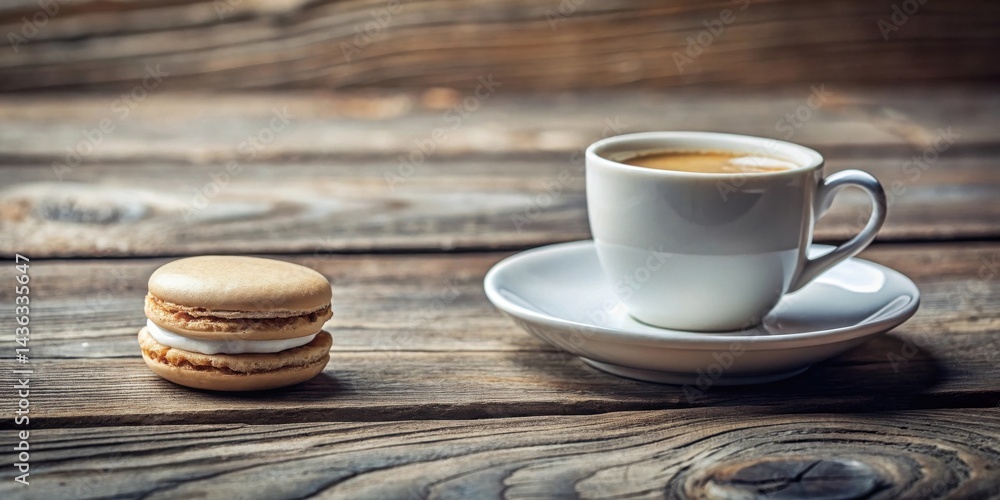 Poster aromatic coffee break delicate macaron and espresso on rustic wooden table