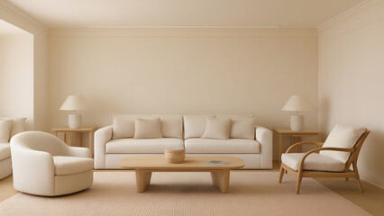 Cozy living room centered in frames of neutral tones with modern sofa, armchair, wooden coffee table, and soft lighting creating calm atmosphere