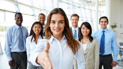 A woman with long brown hair and a white shirt is prominently featured in the foreground, extending her right hand in a thumbs-up gesture, while a diverse group of five colleagues stands behind her.