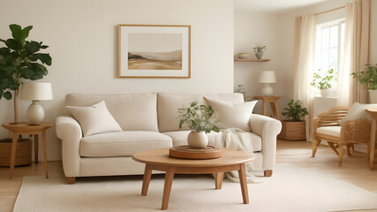 Cozy living room with beige sofa, wooden coffee table, indoor plants, and soft natural light creating warm and relaxing atmosphere