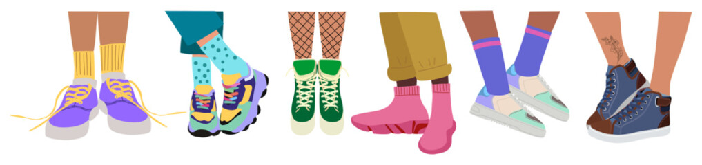Set of different Legs wearing fashion sneakers. Feet in modern sports footwear. Trendy comfortable sportswear for active lifestyle. Colored flat vector illustrations isolated on white background.