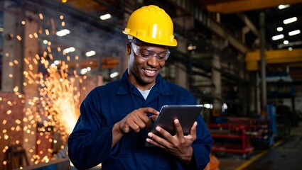 A black skinned man in a factory or industrial setting, wearing a yellow hard hat and blue work shirt, holds a computer tablet 