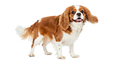 Playful Cavalier King Charles Spaniel stands with a wagging tail and bright, happy eyes. Friendly toy spaniel isolated on a white background.