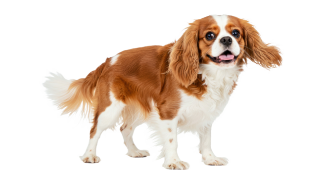 Playful Cavalier King Charles Spaniel stands with a wagging tail and bright, happy eyes. Friendly toy spaniel isolated on a white background.