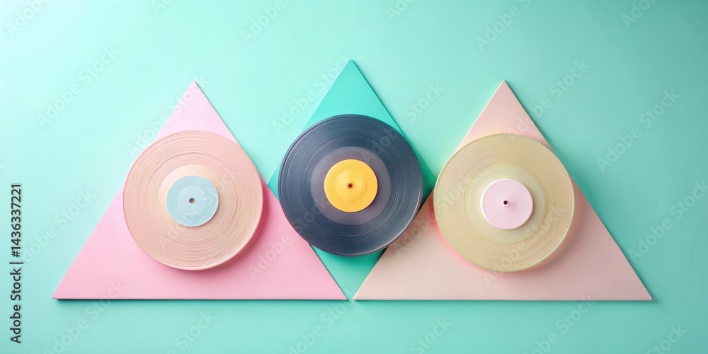 Poster Pastel Records on Triangular Background A Stylish Composition of Circular Shapes and Geometric Forms