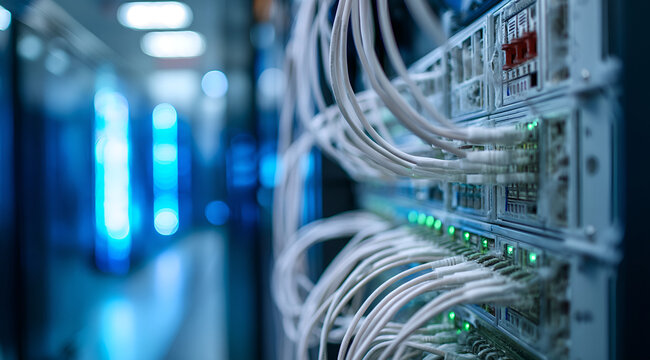 Server cabinets with white cables and blue lighting