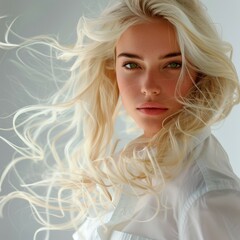 Blonde model with flowing hair posed in a light-filled room during an indoor photoshoot