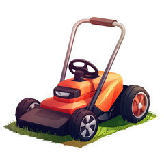 Fototapeta premium Lawn Mower on Grass: A vibrant orange lawn mower sits on a patch of green grass, ready for a summer's day of yard work.