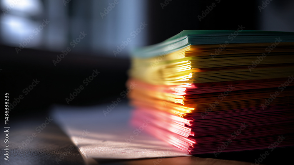 Poster organized document stack with multicolor sticky notes