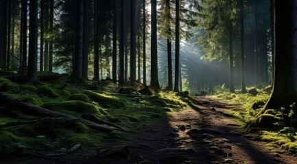 Fototapeta premium Sunlight filters through a lush, green forest, casting a serene glow on the woodland path.