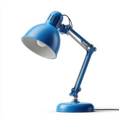 Close up shot of a blue adjustable desk lamp with a white background in a studio setting lighting up