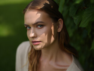 Fototapeta premium Attractive Woman with Wavy Hair in Soft Outdoor Light.