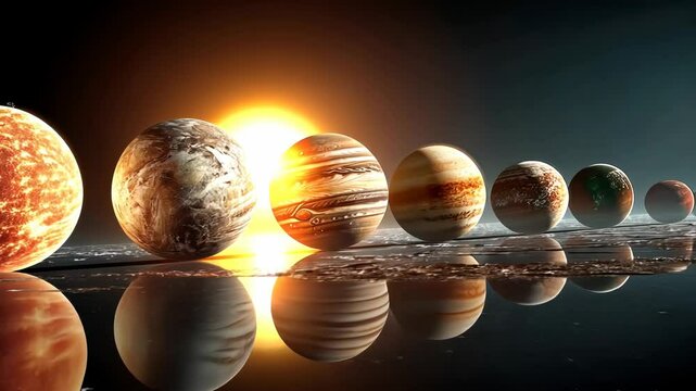 Solar system planets in a row, reflected on a surface