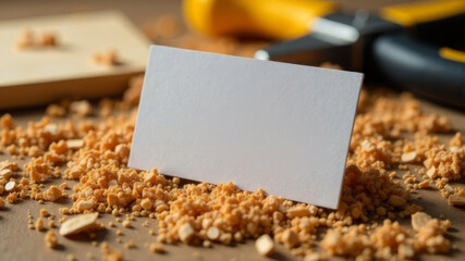 Blank white business card standing vertically among wood shavings on a brown wooden workshop table, concept of craftsmanship and branding