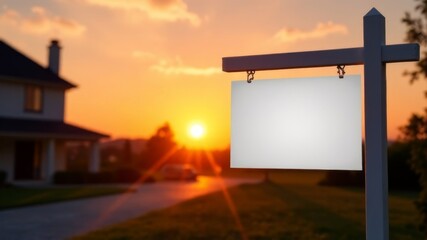 Blank real estate sign hanging on white post, realistic photo style, blurred suburban house background, concept of home sale or rent, evening sunset