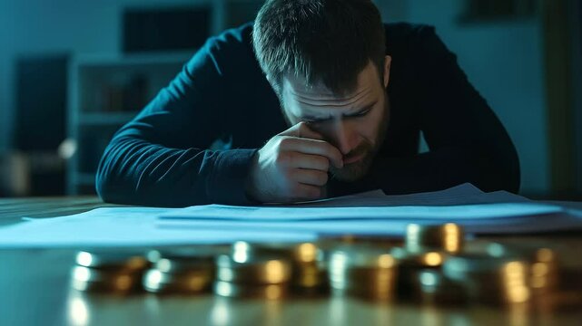 A frustrated man in a dimly lit room leans over financial paperwork, while coins stacked unevenly in the foreground emphasize monetary struggle.