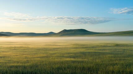 Obraz premium Misty dawn over grassy valley hills