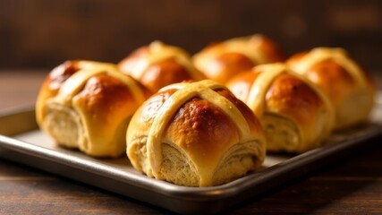 Freshly baked hot cross buns on a tray in warm kitchen lighting setting.