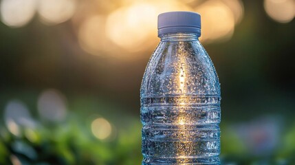 Clear Plastic Water Bottle in a Sunlit Green Park