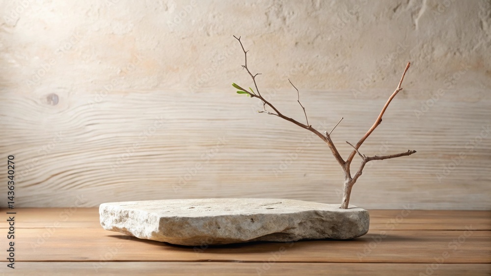 Poster Rustic Stone Display Platform with Branch and New Growth, Perfect for Product Presentation or Minimalist Still Life Photography