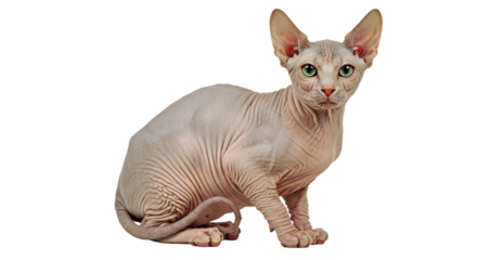Unique Sphynx cat sits displaying its characteristic hairless, wrinkled skin, large ears, and striking eyes. Distinctive feline breed isolated on white.