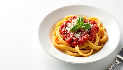 Plate of pasta with tomato sauce, parmesan, basil, white background , foodphotography, cheese