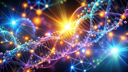 Fototapeta premium Illuminated Genetic Code A vibrant depiction of the intricate structure of DNA, showcasing its complex network of connections and radiant energy.