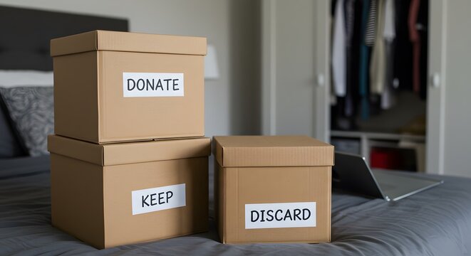 AI image shows three cardboard boxes labeled Donate, Keep, and Discard sitting on a bed, representing the home decluttering organizing process.
