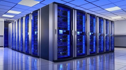 Fototapeta premium Modern server room with blue illuminated racks and reflective white flooring under a bright ceiling, ideal for cloud computing, cybersecurity, network systems, and IT infrastructure