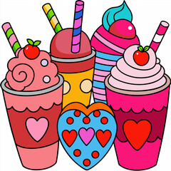 Vector illustration of bright sweet drinks with whipped cream and strawberry decor for summer projects
