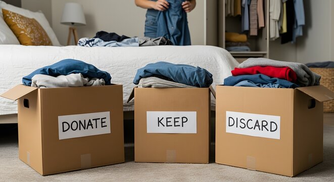 AI image shows three cardboard boxes labeled "Donate," "Keep," "Discard," used for decluttering clothes in a bedroom setting.