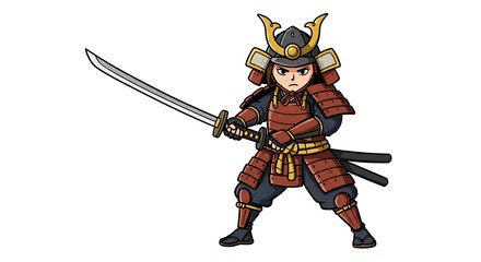 2D Cartoon Female Samurai Character with White Background