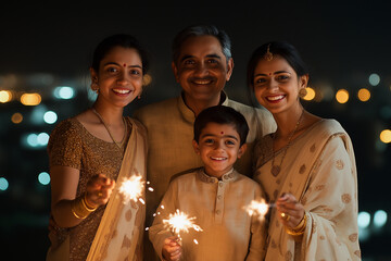 Happy Indian Family Celebrating Diwali with Sparklers on Balcony