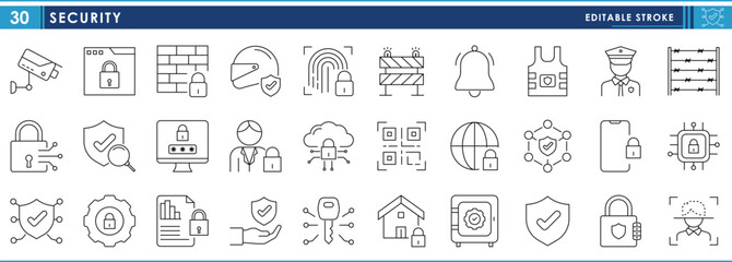 A set of line icons related to Security. Camera, barrier, guard, scan, lock, password, encrypt, and so on. Vector editable stroke.