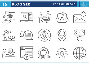 A set of line icons related to Blogger. Blogs, digital marketing, article, influencer, social media, monetization, share, and so on. Vector editable stroke.