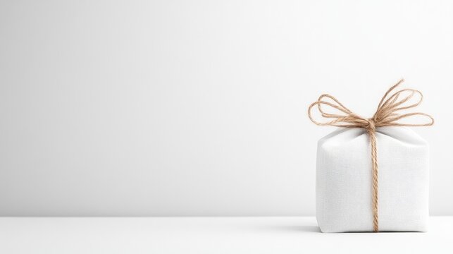 A neatly wrapped white gift box tied with a rustic brown string bow, placed on a minimalist white surface, and simple and elegant composition.