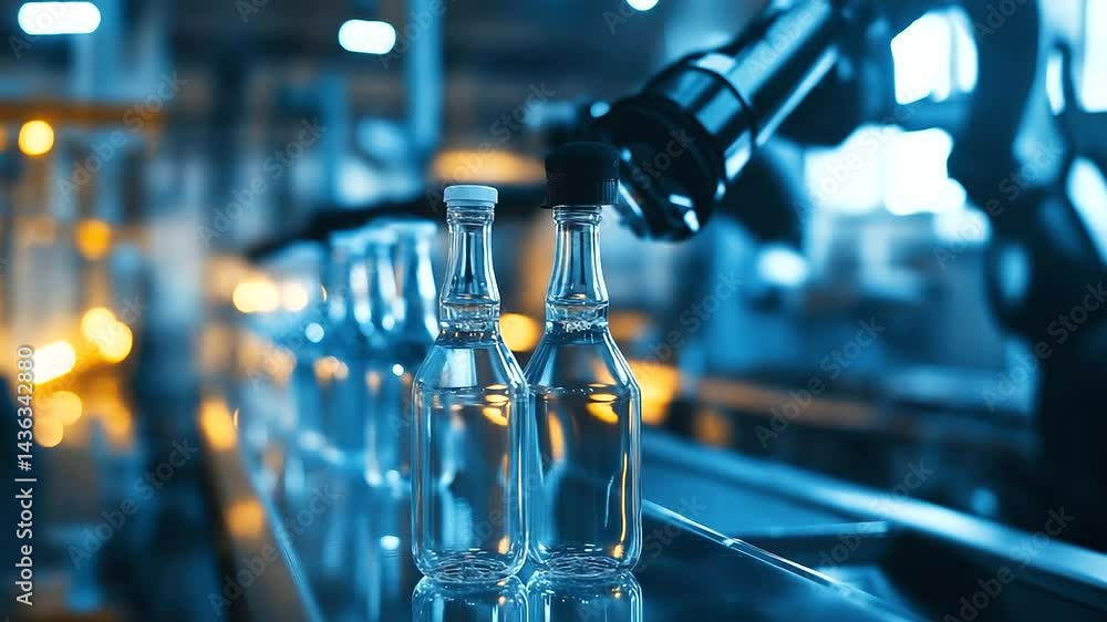 Poster a modern beverage bottling machine with robotic arms precisely capping and labeling glass bottles.