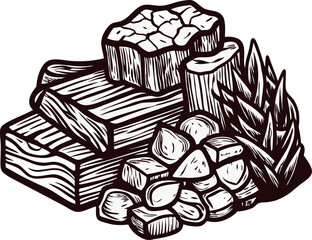 of firewood, kindling, and twigs for traditional rustic campfire.