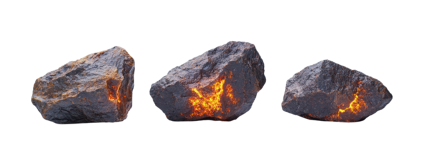 Collection of Realistic Volcanic Rocks with Glowing Lava Cracks Against a Bright Background