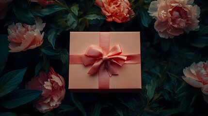 Elegant Gift Box with Bow Surrounded by Lush Floral Arrangement
