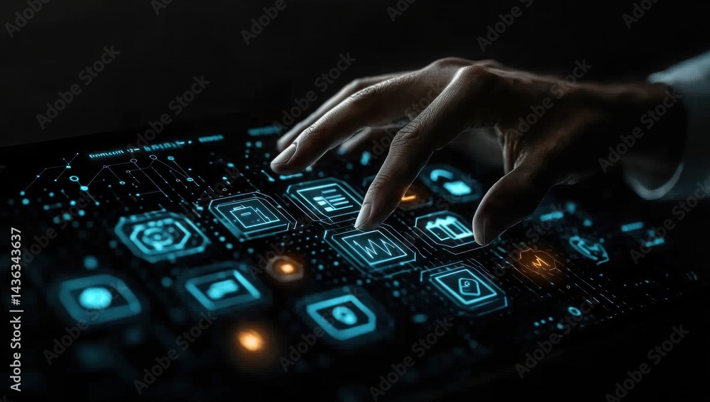 Aufkleber interactive digital interface with glowing app icons.