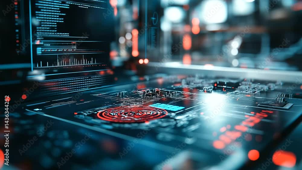 Poster a futuristic electronic component testing machine with holographic data displays.