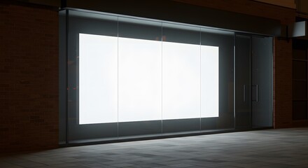 AI image features a large blank illuminated white screen mockup displayed inside a modern glass storefront window display at nighttime exterior.