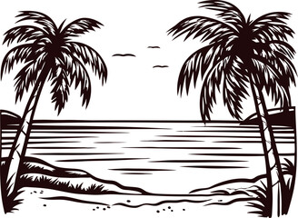 Tropical beach scene with palm trees and ocean view under clear skies
