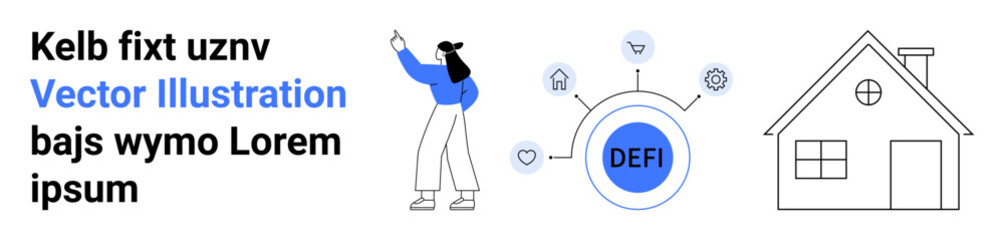 Woman gestures toward decentralized finance illustrated with network icons and a house symbol. Ideal for fintech, real estate, innovation, blockchain, technology, education, simple landing page