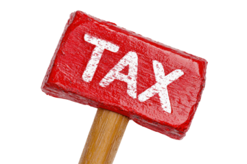 Red Wooden Hammer with Tax Written in Bold White Letters on a Plain Background