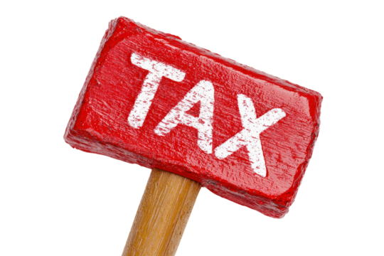 Red Wooden Hammer with Tax Written in Bold White Letters on a Plain Background